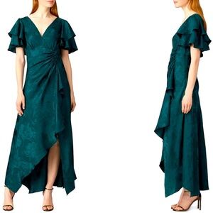 TANYA TAYLOR Emerald Green Clementine Ruffle Sleeve 100% Silk Gown - Size 10